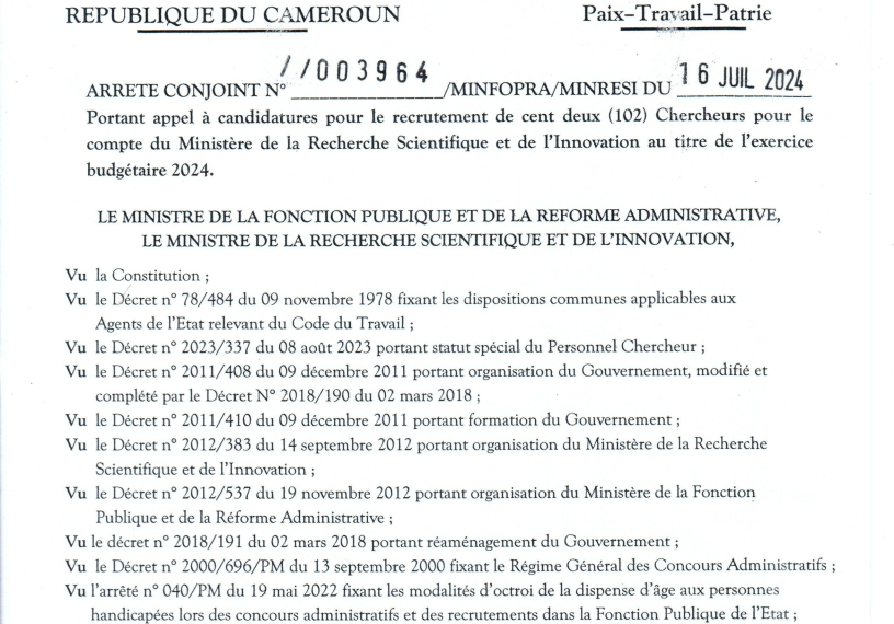 Appel à candidatures pour le recrutement de cent deux (102) Chercheurs pour le compte du Ministère de la Recherche Scientifique et de l'Innovation (MINRESI) 2024