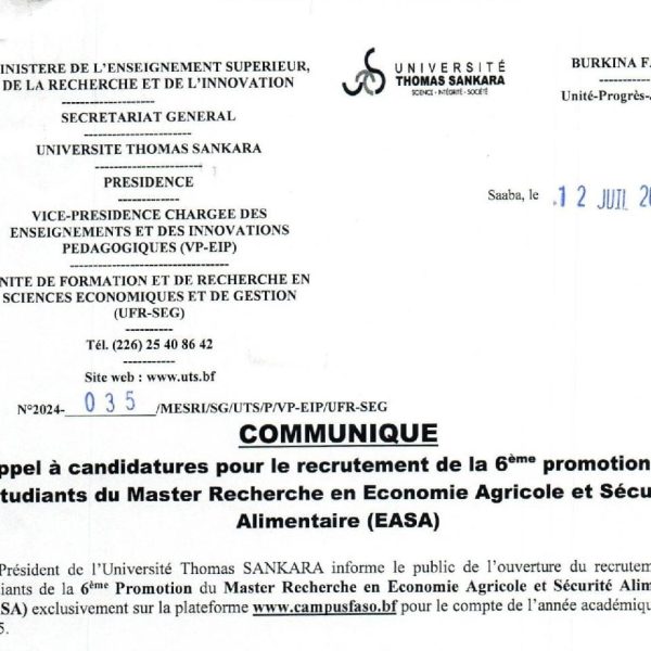 UTS : Appel à candidatures pour le recrutement de la 6ème promotion des étudiants du Master Recherche en Économie Agricole et Sécurité Alimentaire (EASA)