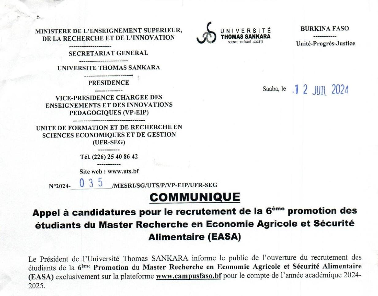 UTS : Appel à candidatures pour le recrutement de la 6ème promotion des étudiants du Master Recherche en Économie Agricole et Sécurité Alimentaire (EASA)