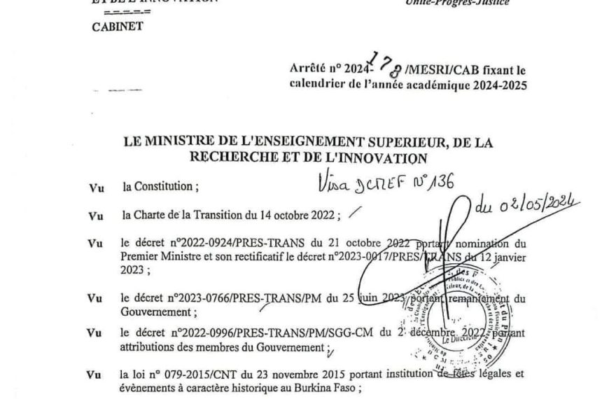 Calendrier scolaire 2024-2025 Organisation de l'année académique 2024-2025 au Burkina Faso