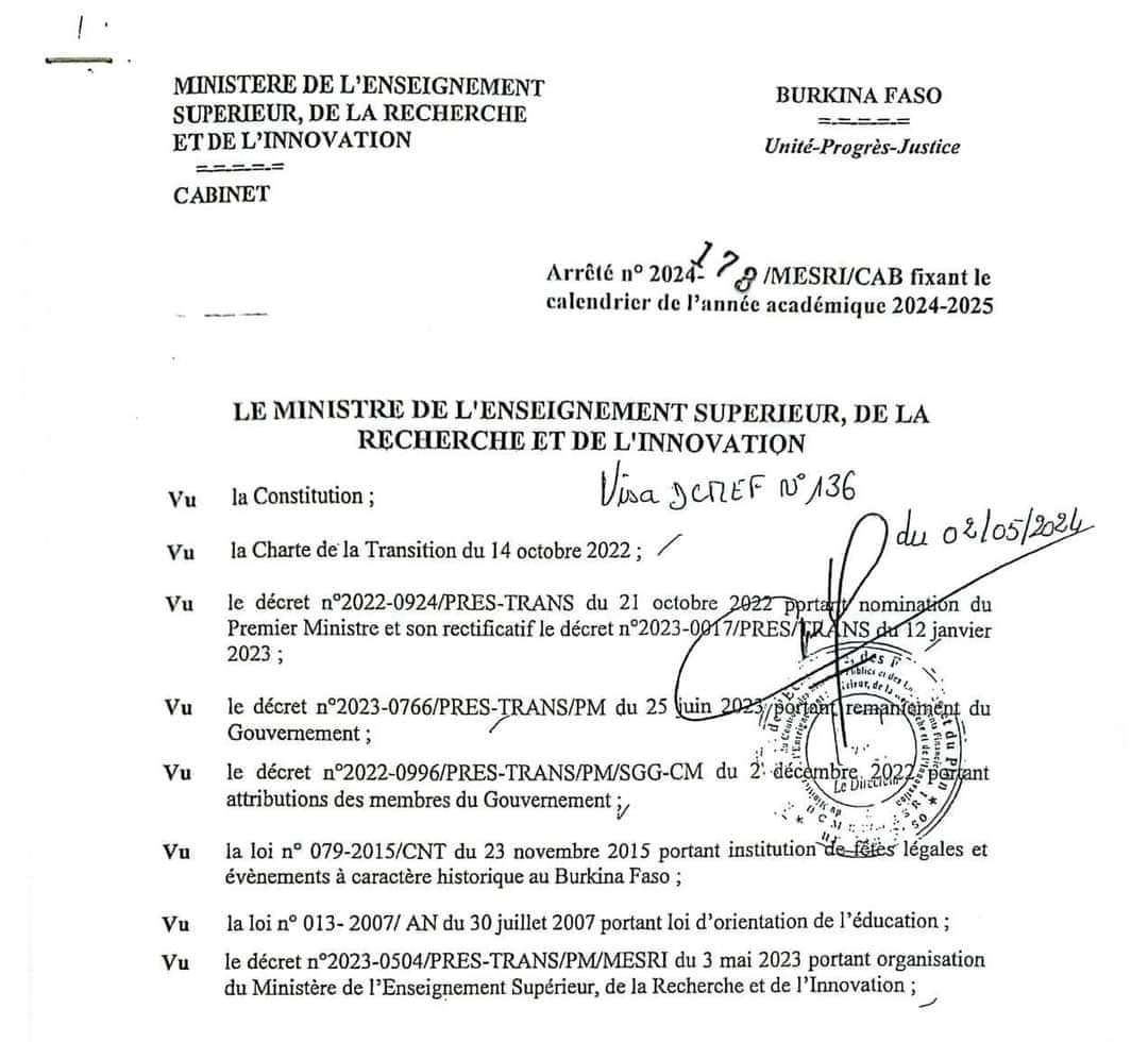 Calendrier scolaire 2024-2025 Organisation de l'année académique 2024-2025 au Burkina Faso