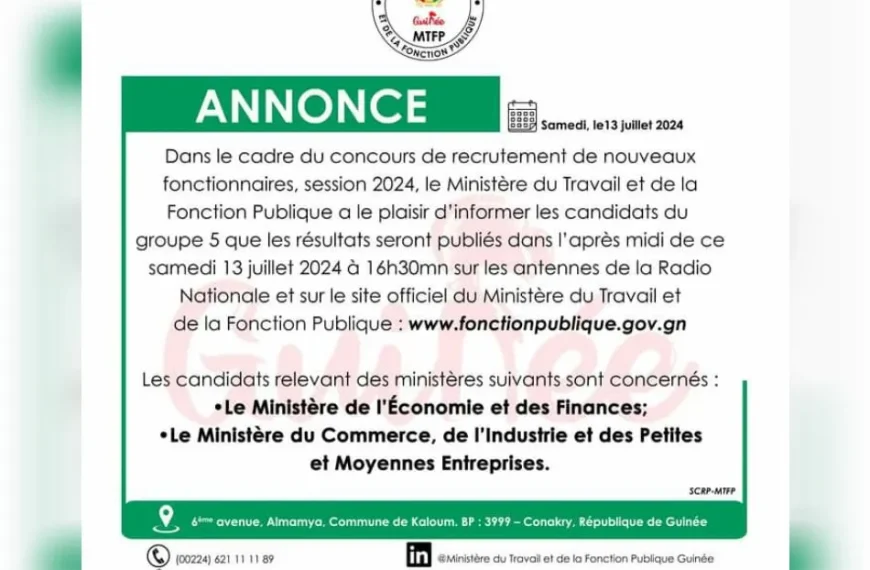 Résultats du concours de recrutement de nouveaux fonctionnaires, candidats du groupe 5, session 2024 en Guinée