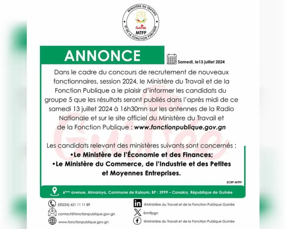 Résultats du concours de recrutement de nouveaux fonctionnaires, candidats du groupe 5, session 2024 en Guinée