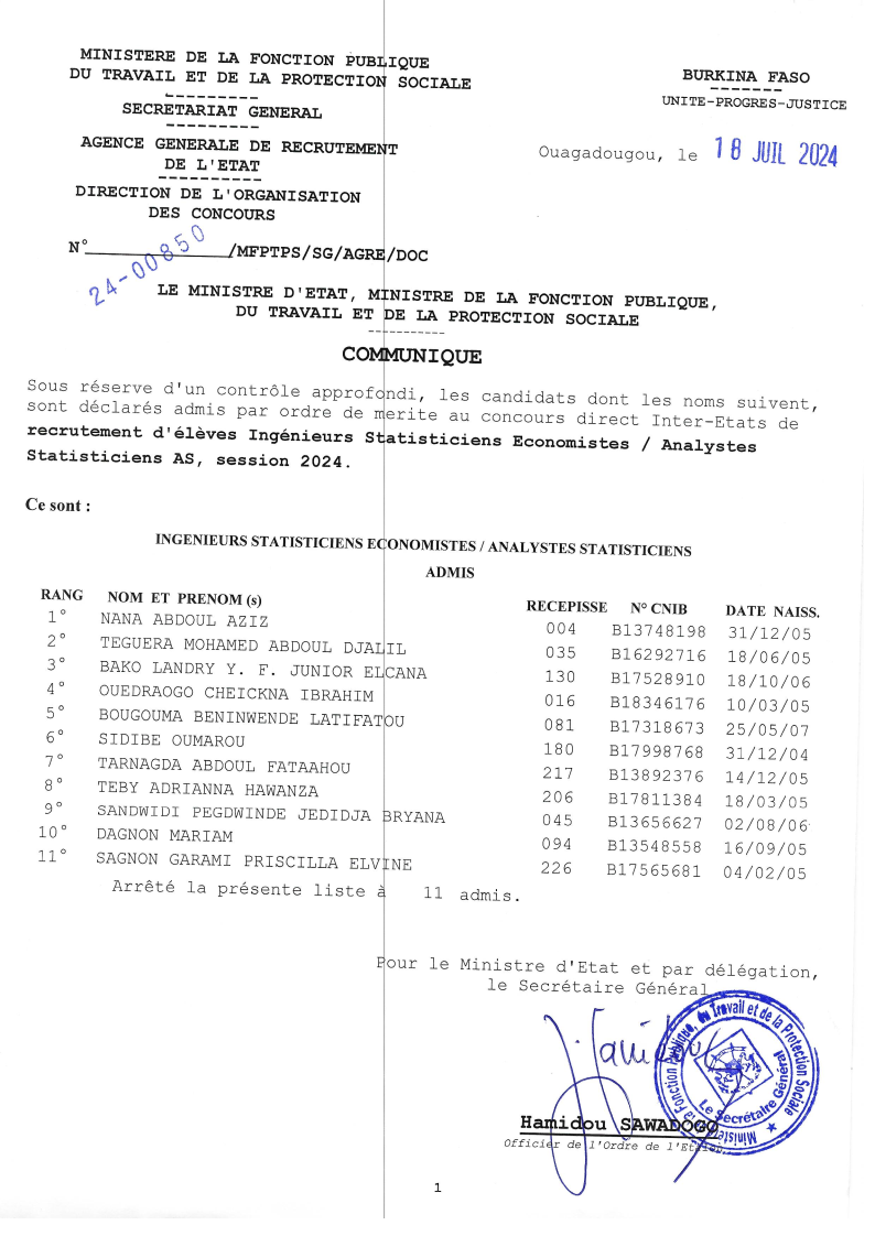 Résultats d'admission aux concours directs et professionnels inter-Etats d'entrée aux Ecoles de la statistique et à l'IFORD, session 2024